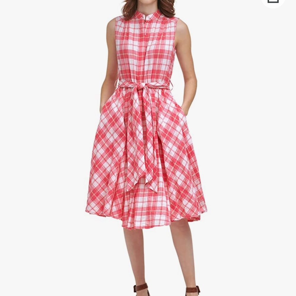 (NWT) Calvin Klein Sleeveless Plaid Button-Front Belted Midi Dress (Size: 4)